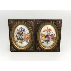 Vintage Wooden Framed Floral Flower Print Convex Bubbled Glass Ornate Decor
